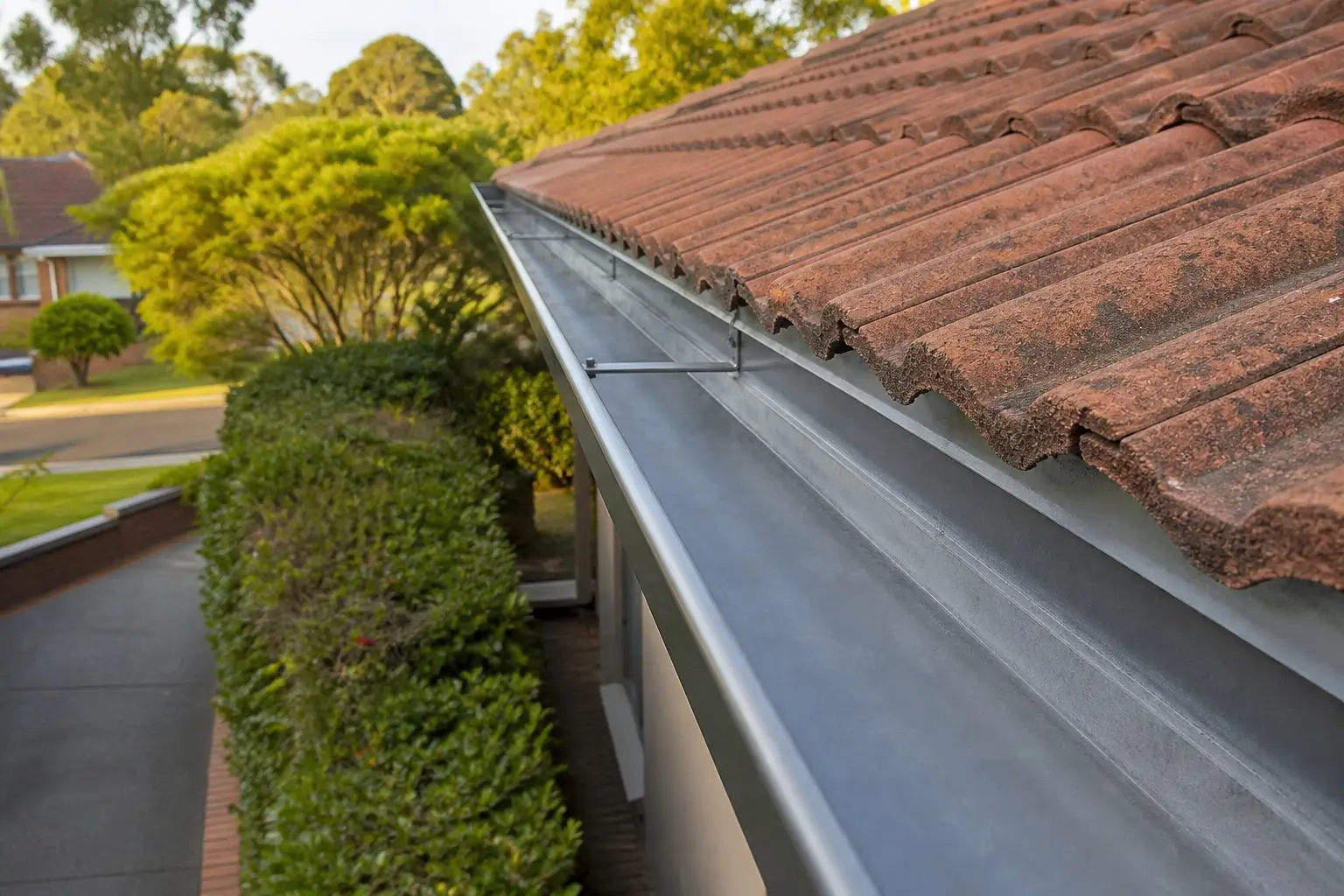 A roof gutter running along the edge of a tiled roof above a trimmed hedge.